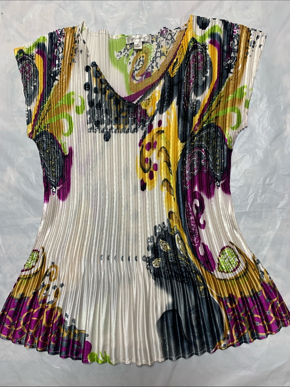 Dressbarn Vintage Y2K Micro Pleated Stretch Paisley Print Peplum Top Sz M
